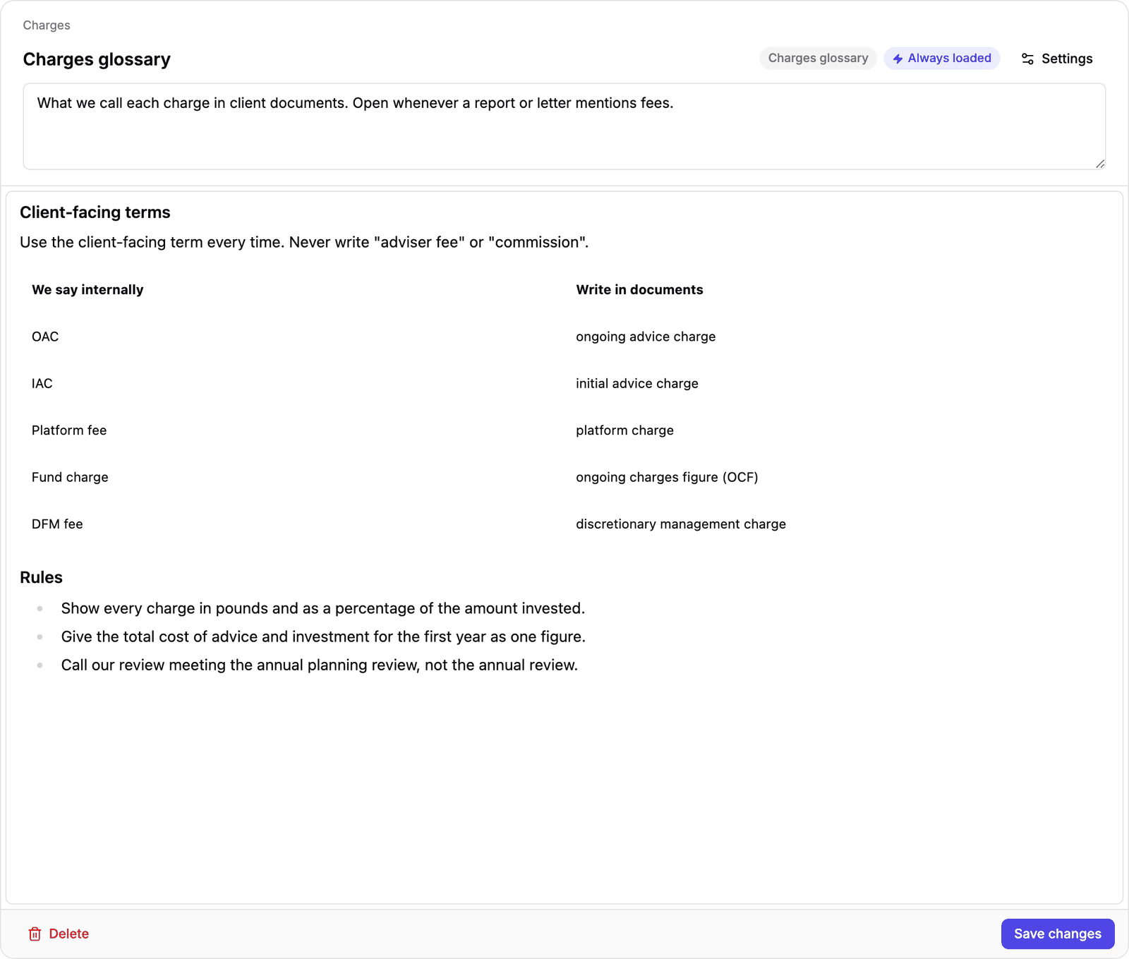 A Firm Knowledge entry containing client-facing charge terminology and writing rules.