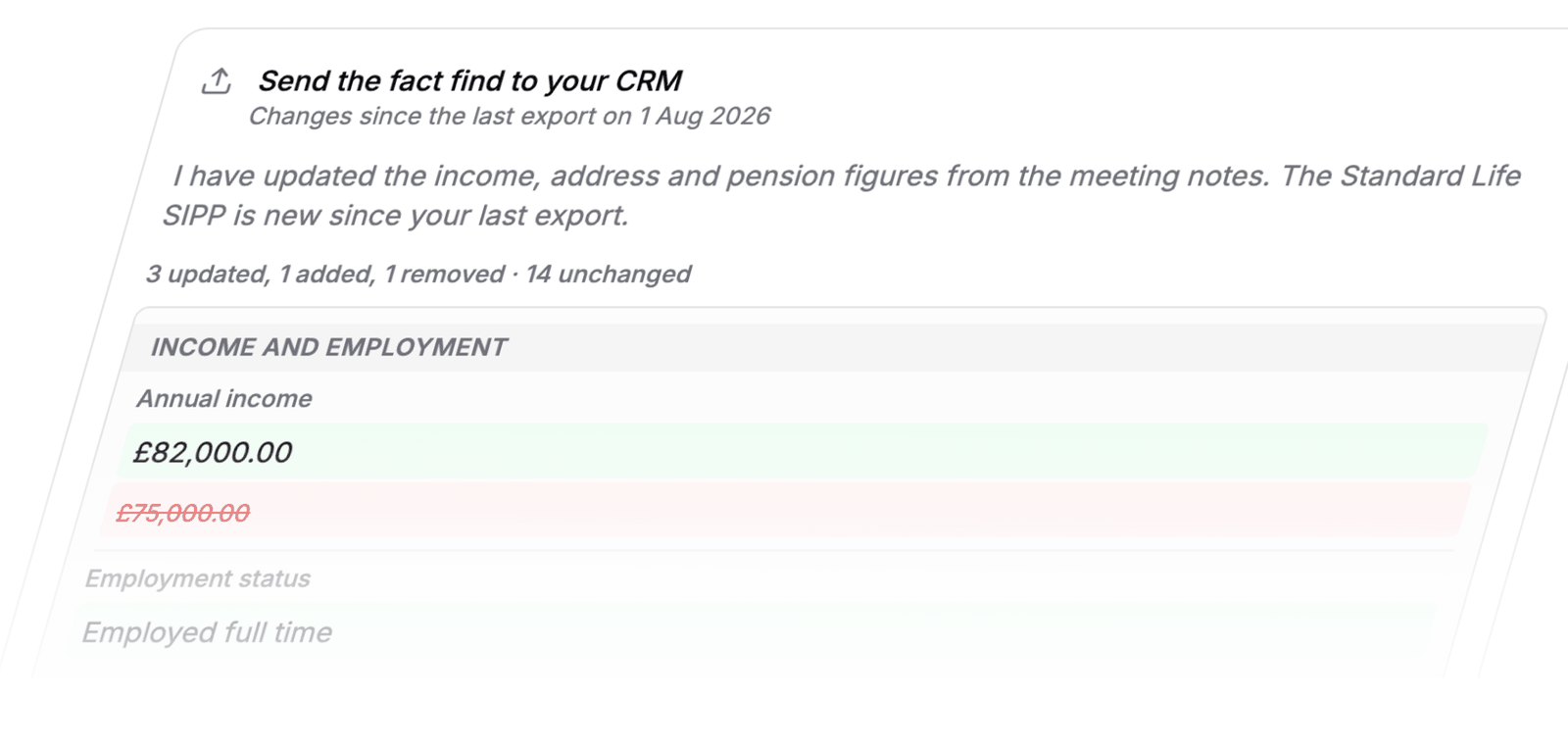 Proposed CRM export showing updated, added and removed information before approval.