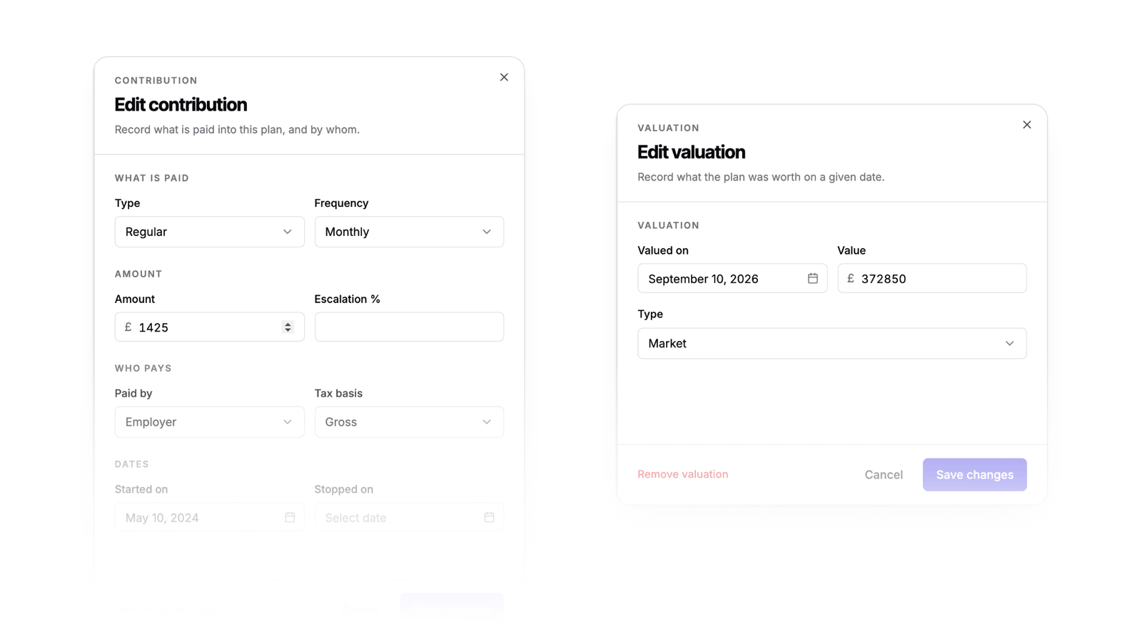 Contribution and valuation editing panels with payer, tax basis, valuation date and value fields.
