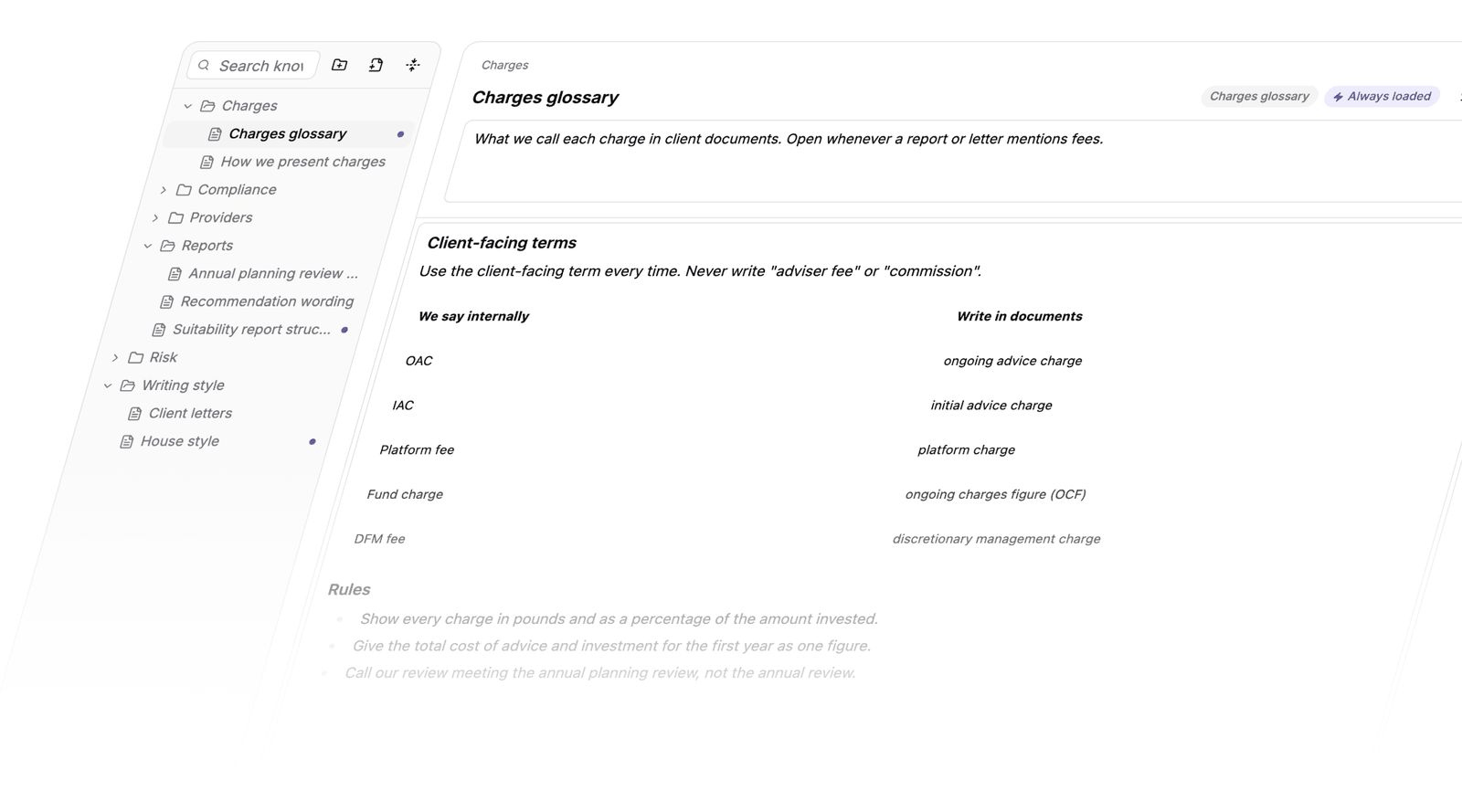 Templi Firm Knowledge charges glossary with approved client-facing wording.