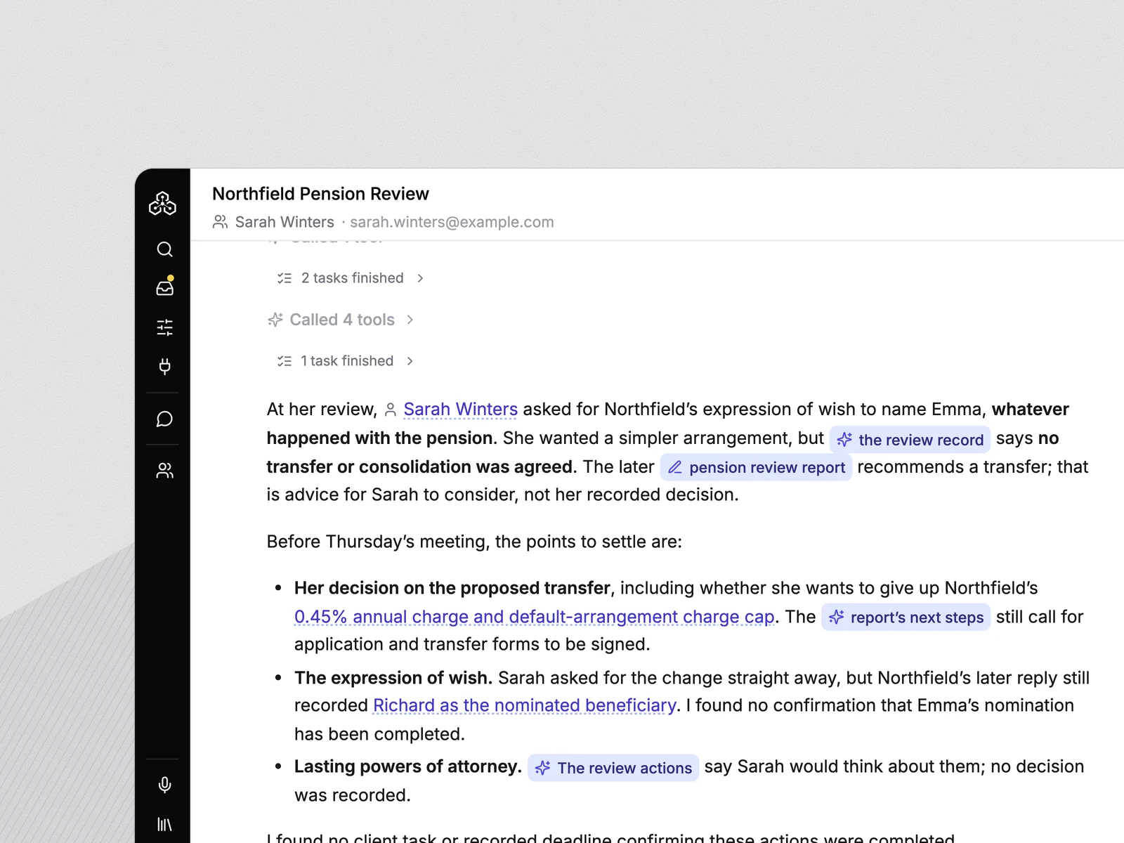 Templi Chat listing what is still open for Sarah Winters, each point linked to the review record or report it came from