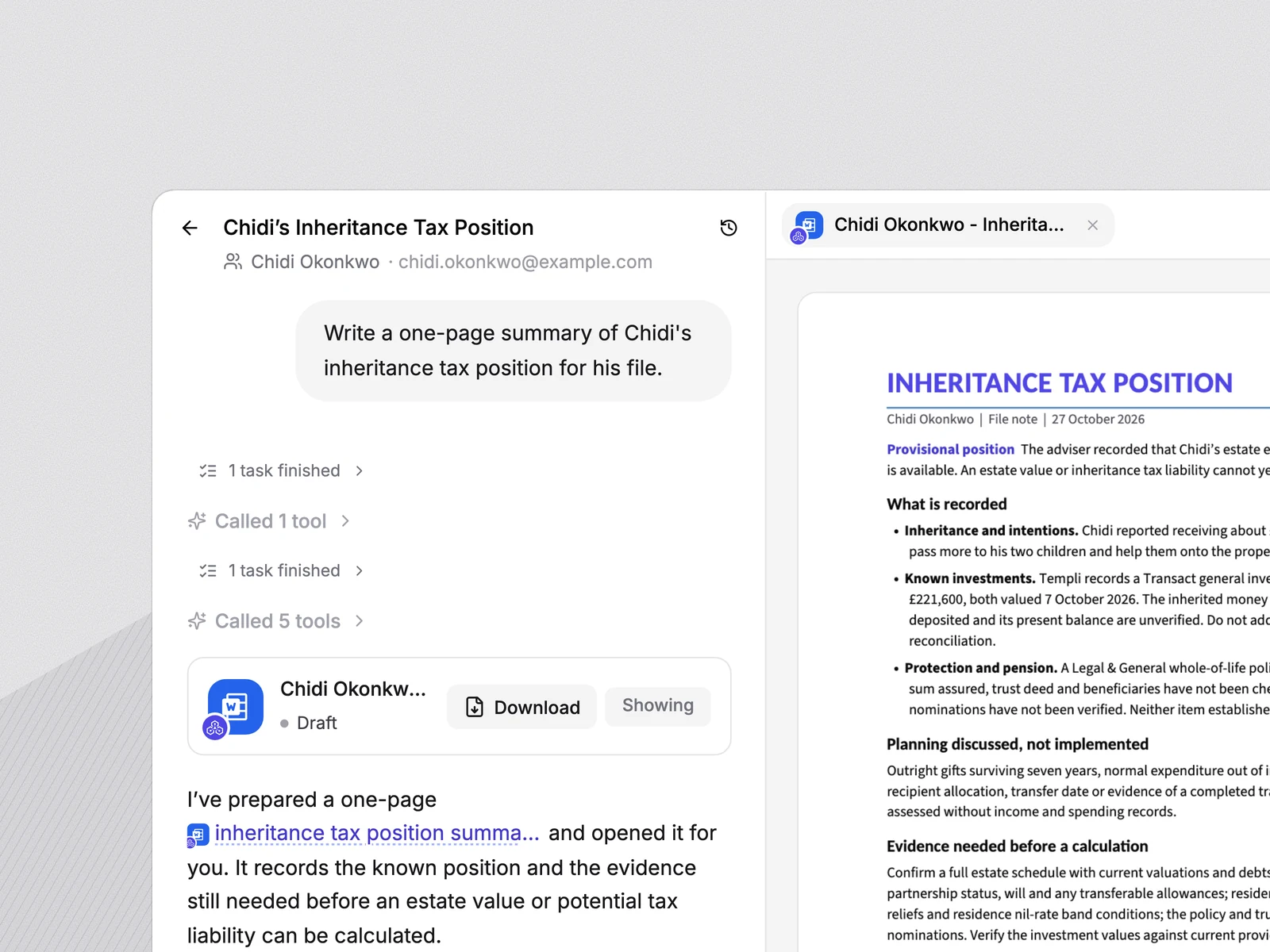 A one-page inheritance tax summary for Chidi Okonkwo, drafted from the chat