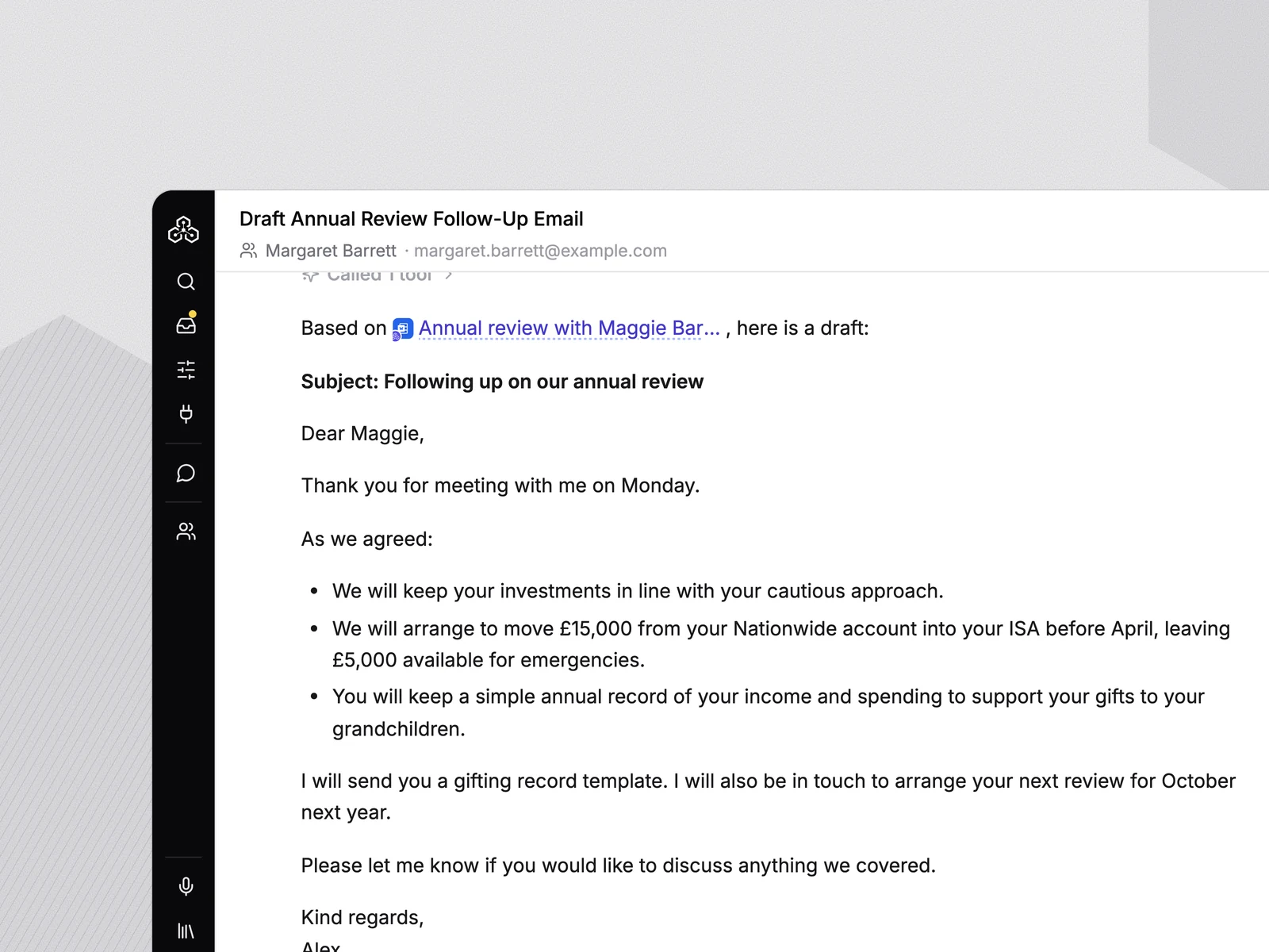 Templi Chat drafting Maggie Barrett’s follow-up email from her annual review