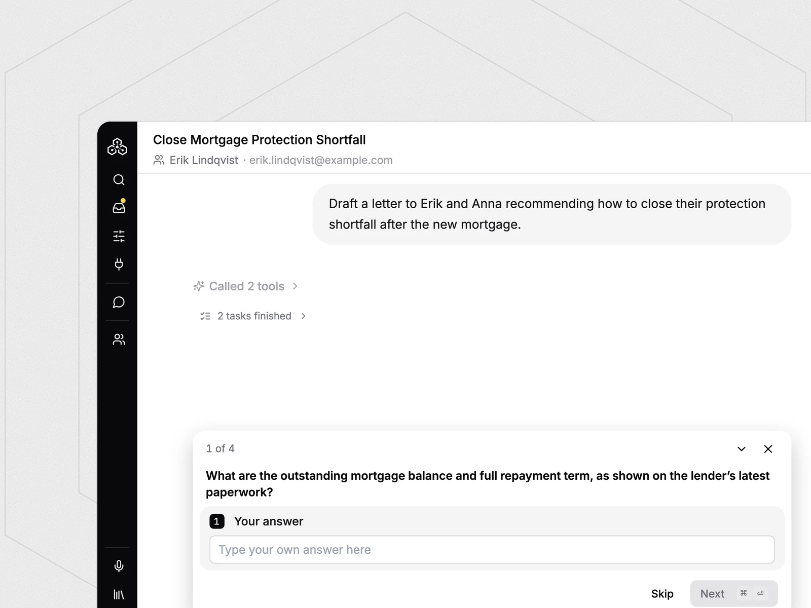 Templi Chat asking for the outstanding mortgage balance before drafting the Lindqvists’ protection letter