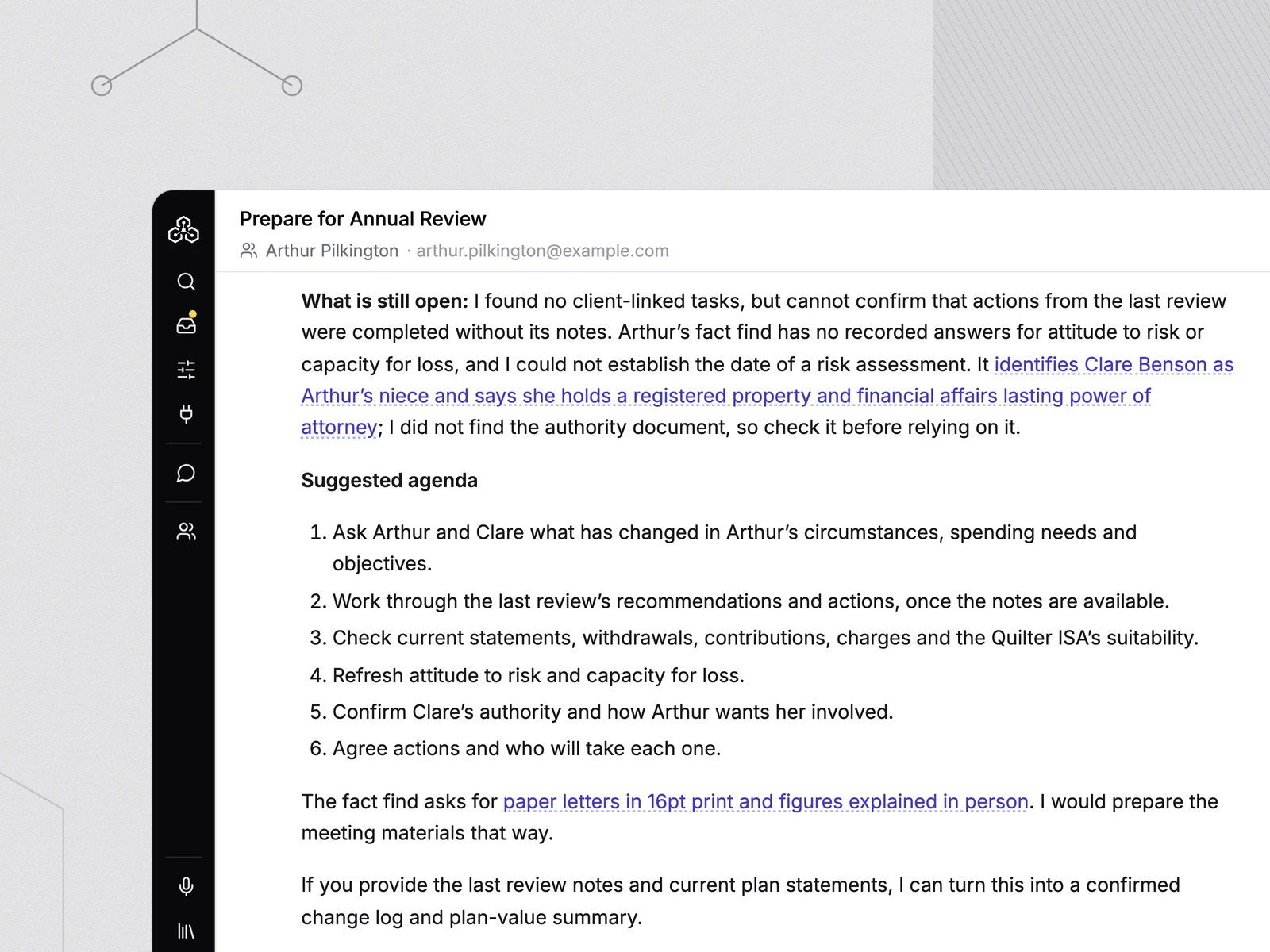 Templi Chat answering an annual review preparation request with a cited client briefing