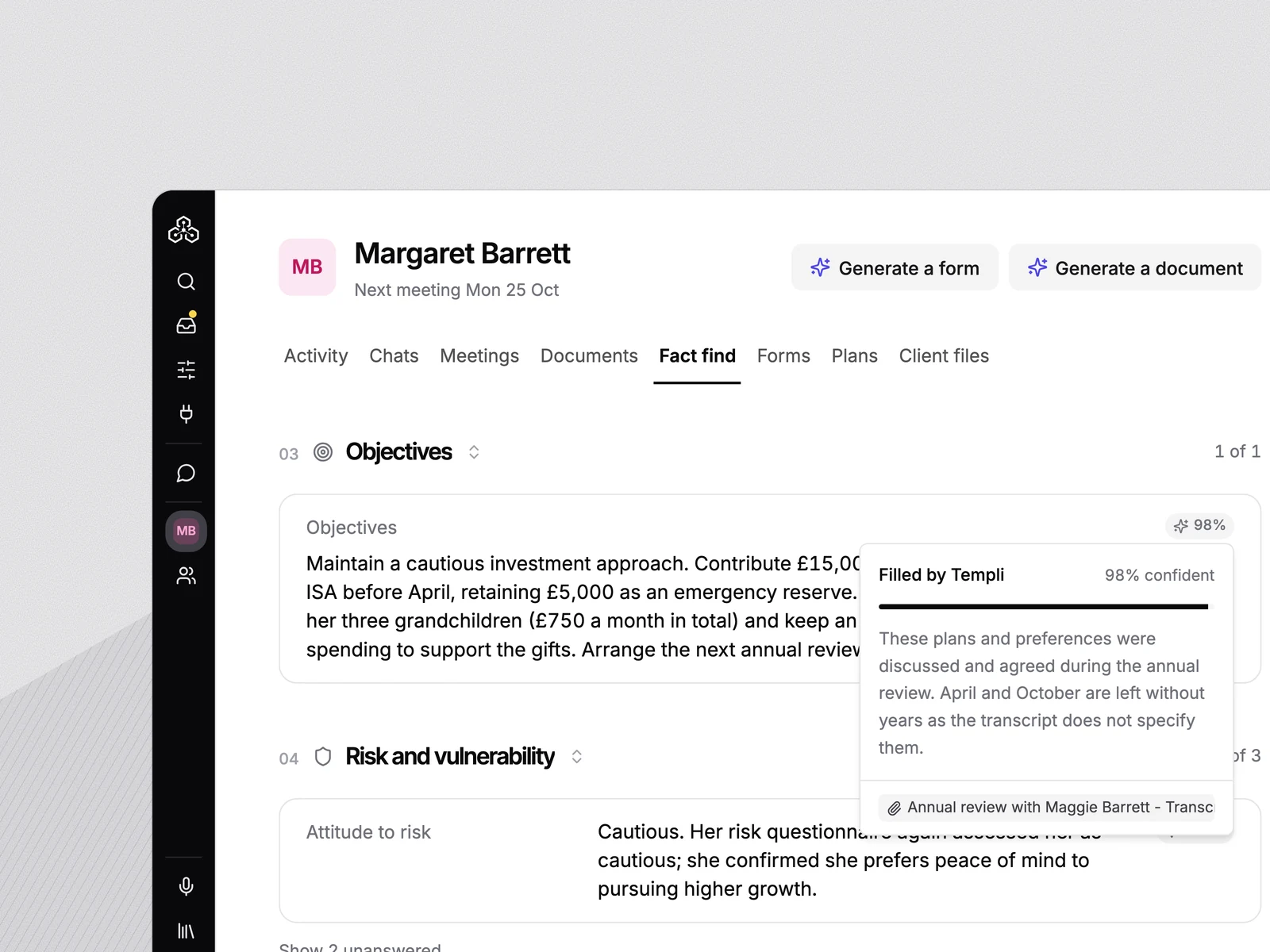 A client's Fundment plans with values and holdings in Templi