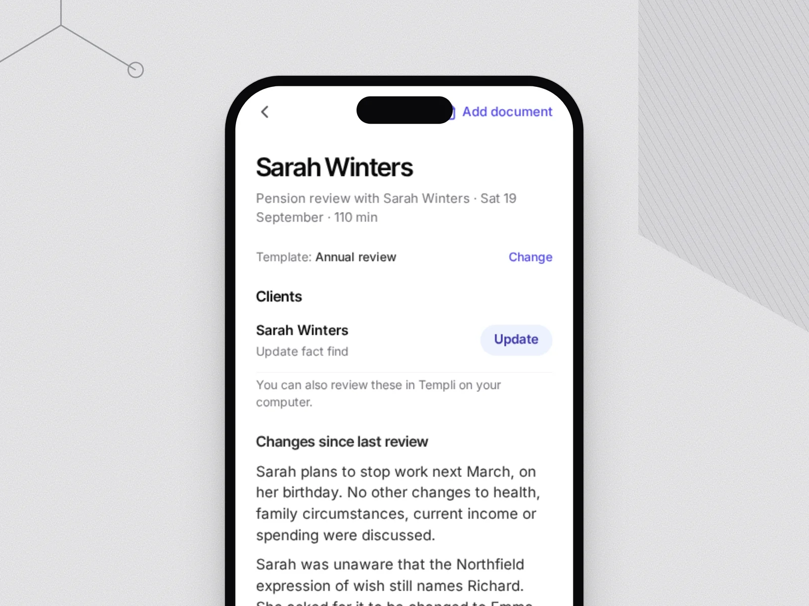 Sarah Winters’ pension review notes on the phone