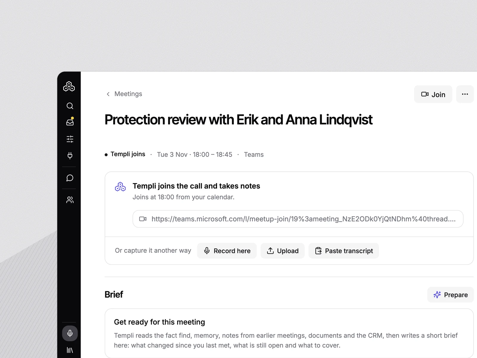 A Teams meeting the notetaker will join from the calendar, with Record here, Upload and Paste transcript beneath it