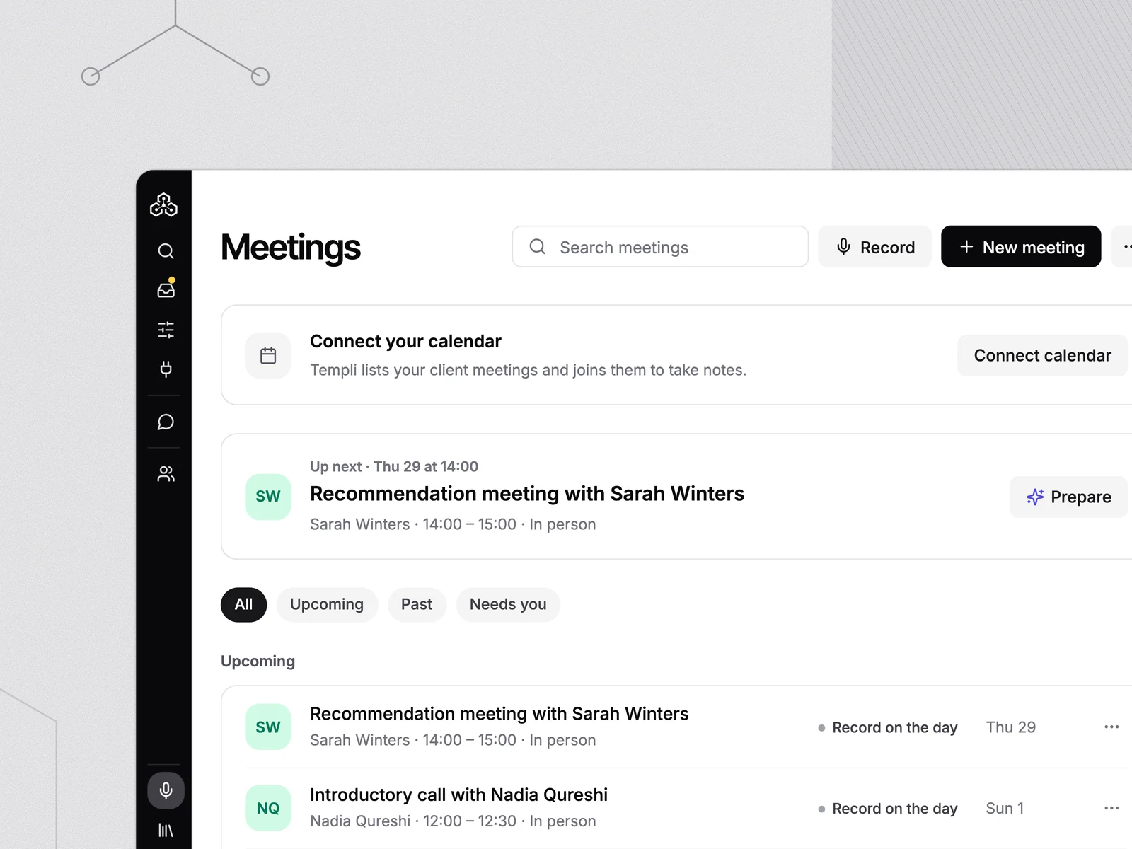 The meetings page: the next meeting up, upcoming meetings and past meetings with their notes