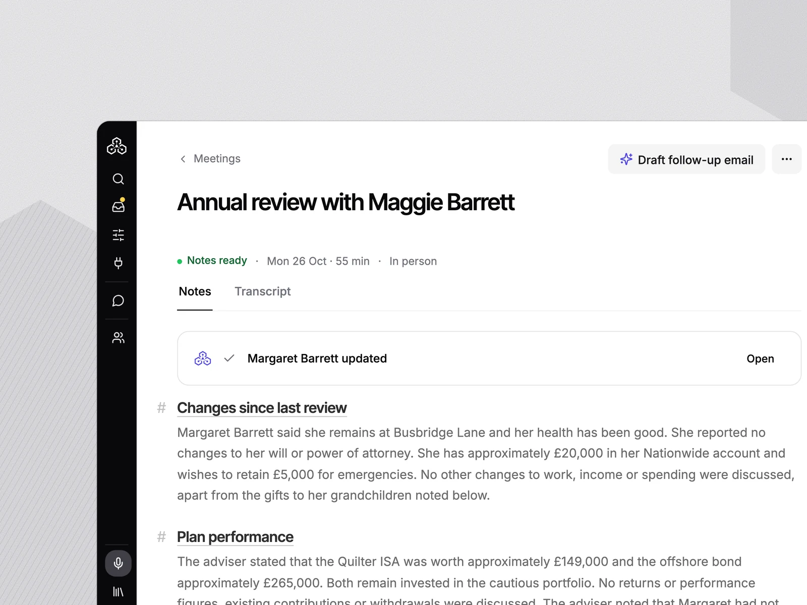 A file note written from an annual review, in the firm’s sections