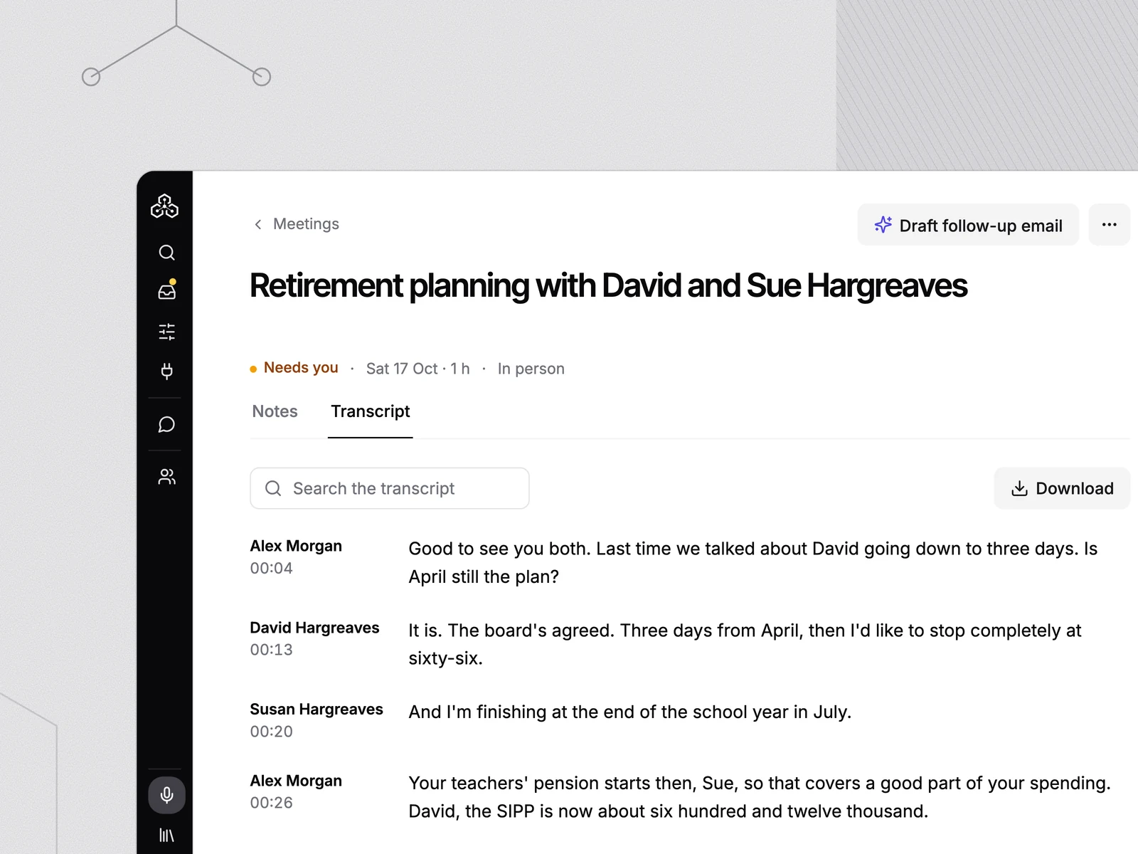 A transcript with adviser and client turns, next to the note