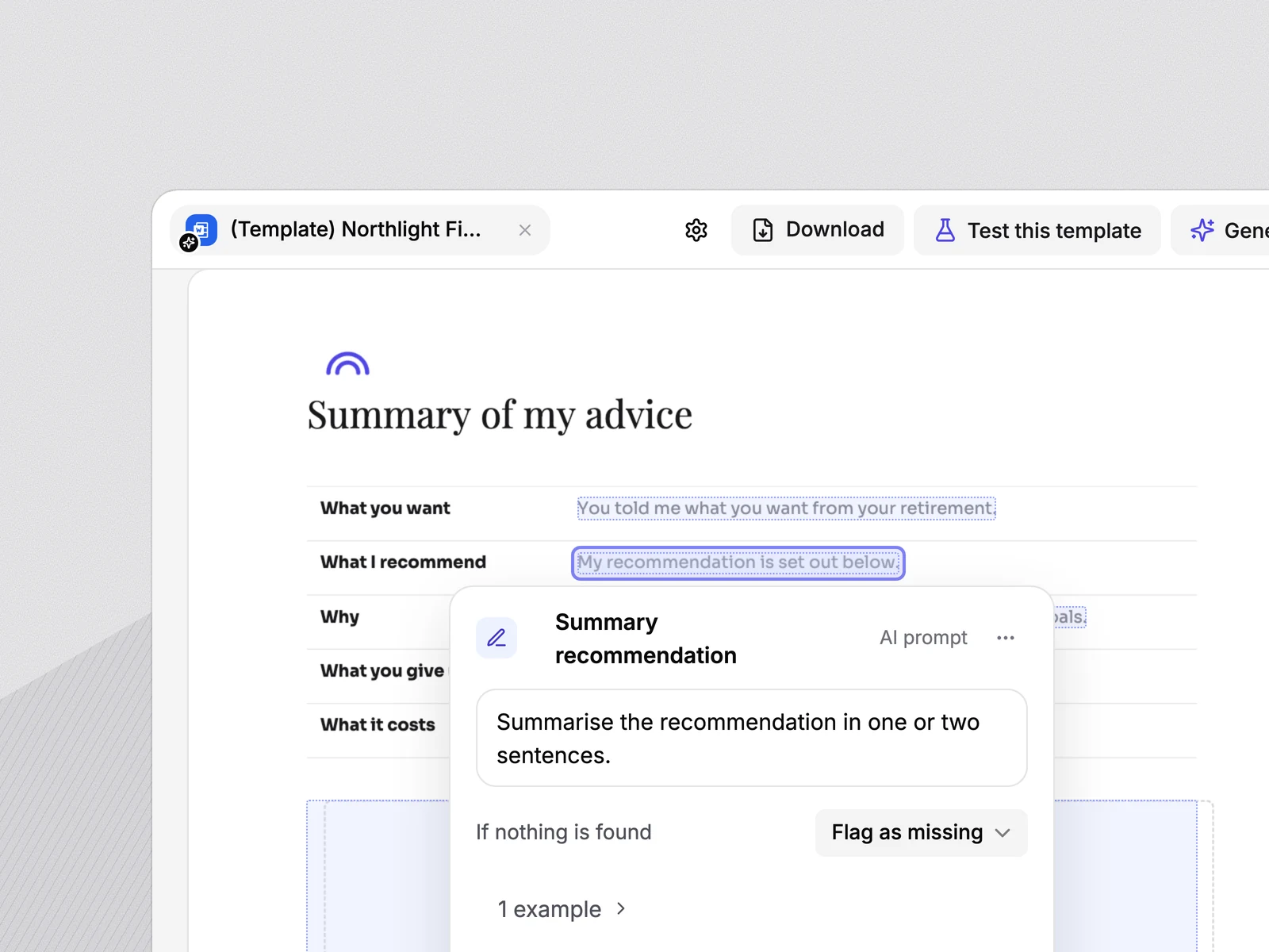 The firm’s own report template, with an AI prompt open on a section